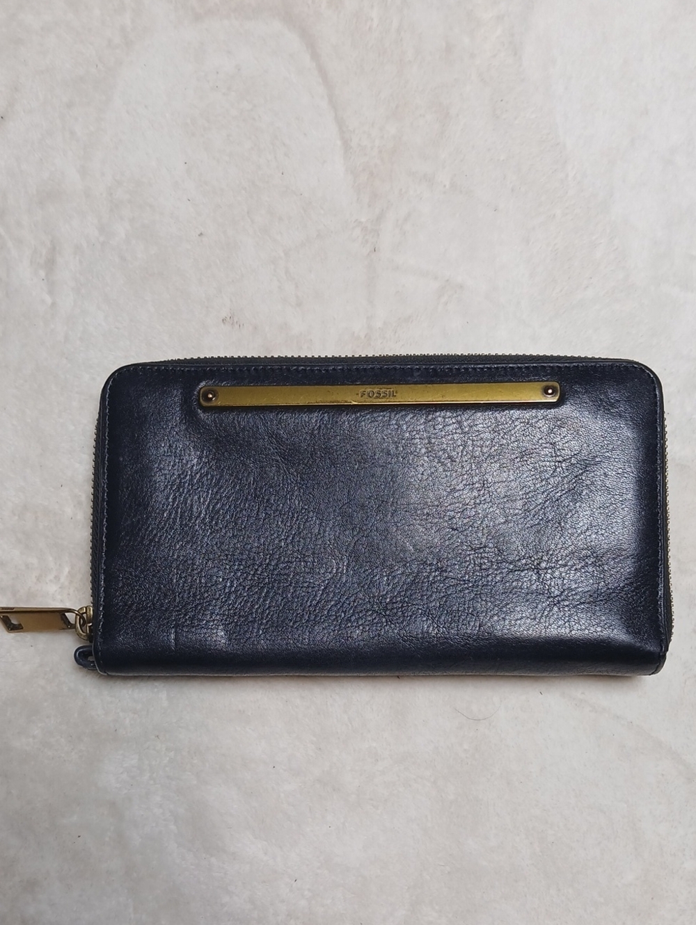 Fossil Black Leather Zip-Around Wallet with Gold Accent
